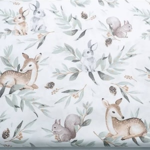 Deer fabric, bunny Fabric, fabric by the yard,Forest Animals cotton fabric, Baby Fabric, Nursery Fabric, roe deer fabric, green sage leaf