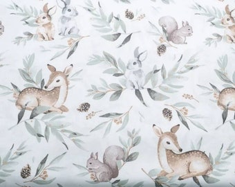 Deer fabric, bunny Fabric, fabric by the yard,Forest Animals cotton fabric, Baby Fabric, Nursery Fabric, roe deer fabric, green sage leaf