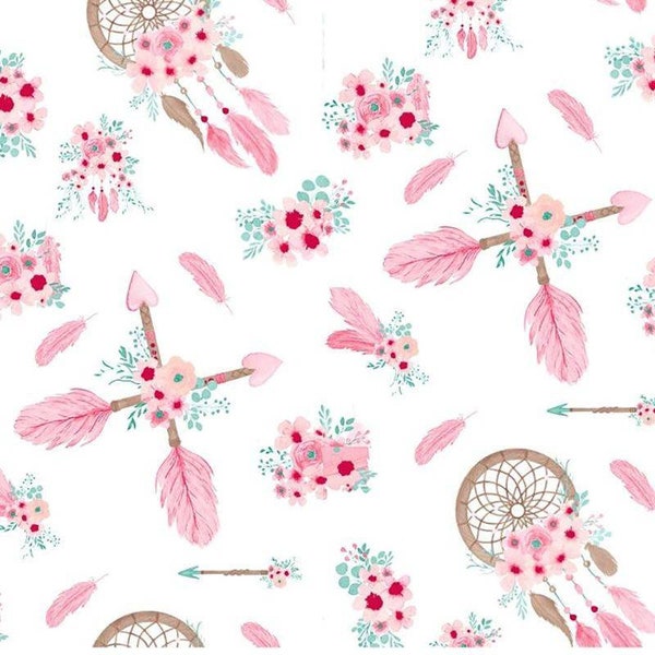 Dreamcatcher Fabric,Cotton Fabric,Fabric By The Yard, Dream Catcher Fabric, feathers fabric, flowers fabric,roses fabric, pink fabric