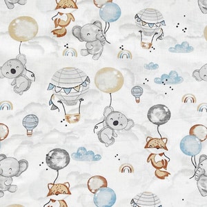 Animals Cotton Fabric By The Yard, Nursery decor, sky fabric, Baby boys Fabric, balloons fabric, baby quilt, hot air, koala fox elephant