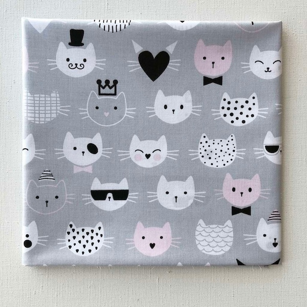 Cat Cotton fabric,Cat Print Fabric,pink gray Cat fabric,cat face with crown fabric,Baby fabric,modern fabric,kids fabric,fabric by the Yard