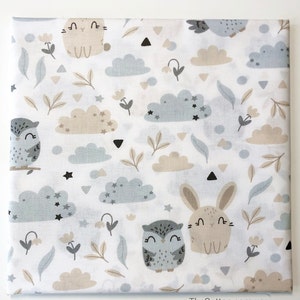 Owl and bunny cotton Fabric, beige and gray fabric,Owl Fabric,Bunny Fabric,Forest Animals fabric,Fabric by the yard,Baby quilt Cotton Fabric