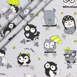 Fabric by the yard,Owl Fabric,Owl Material,Baby Owl Fabric,Cotton Fabric,Gray,gren,Cartoon Fabric,organic,Bedding,Fabric for kids,Crib