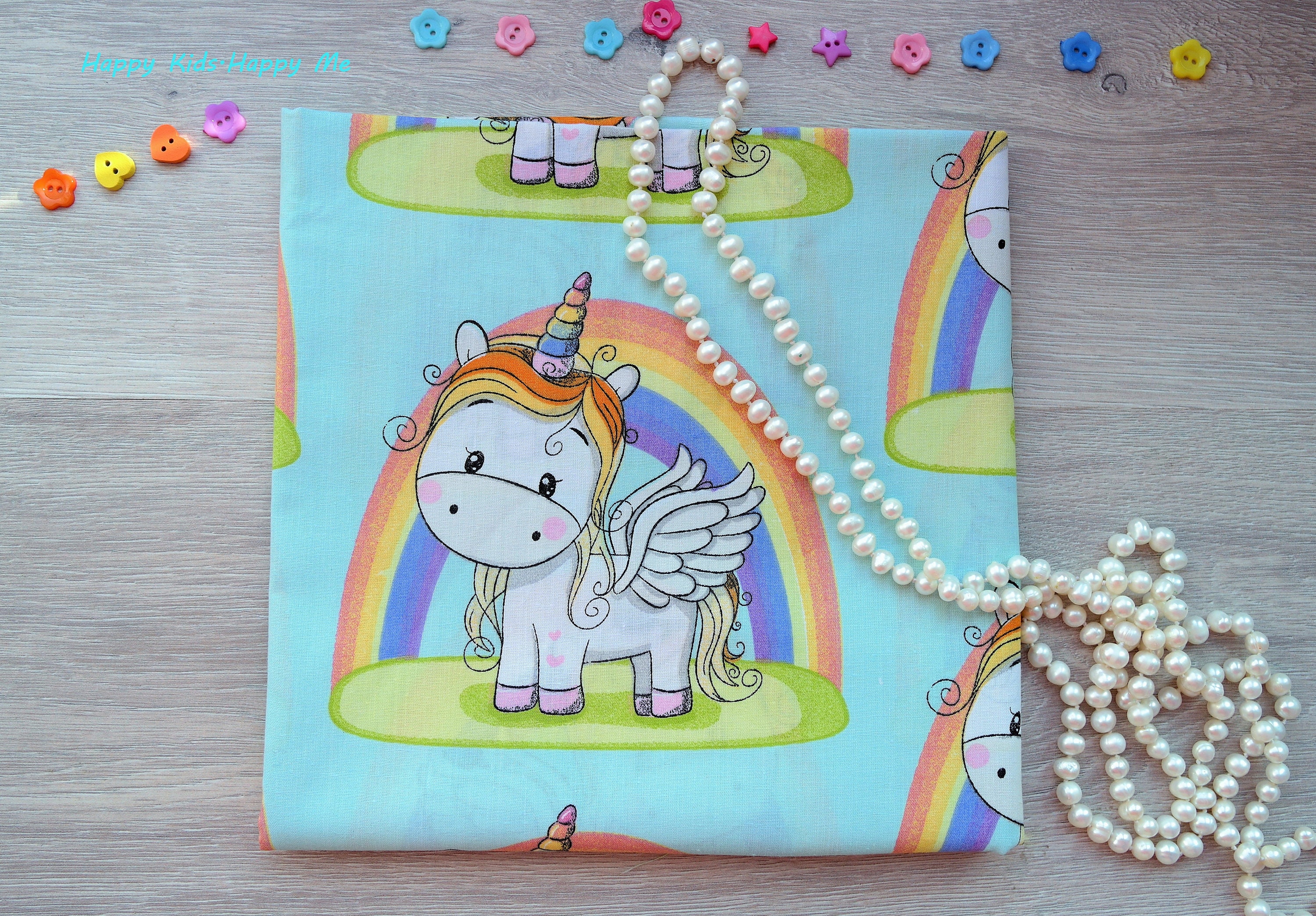 UNICORN Rainbow on white baloons PRINTED 100/% COTTON FABRIC //METER //160cm WIDE