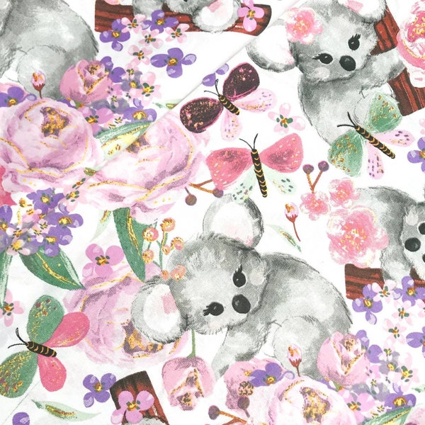 New! Koala fabric,Koala cotton fabric,Fabric by the Yard,baby fabric,bears fabric,quilting fabric,Australian,animal fabric,eucalyptus fabric