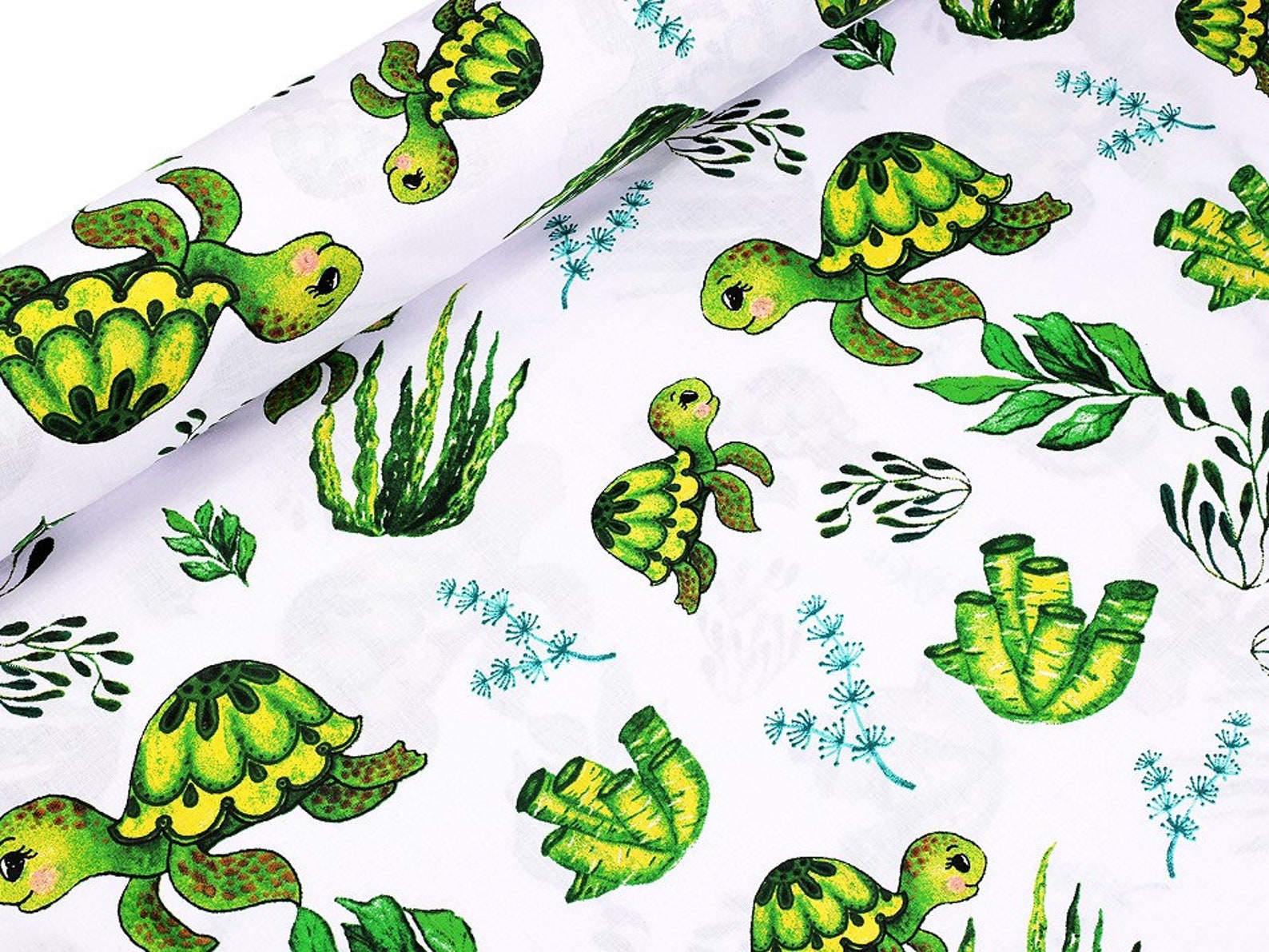 Turtles Fabric by the Yard, Green Turtle Fabric, Baby Girl Fabric, Baby