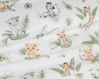 Tissu en coton zèbre éléphant lions hippopotame girafe, animaux d'Afrique, chambre de bébé, tissu safari, tissu par mètre, tissu de la savane, tissu de la jungle