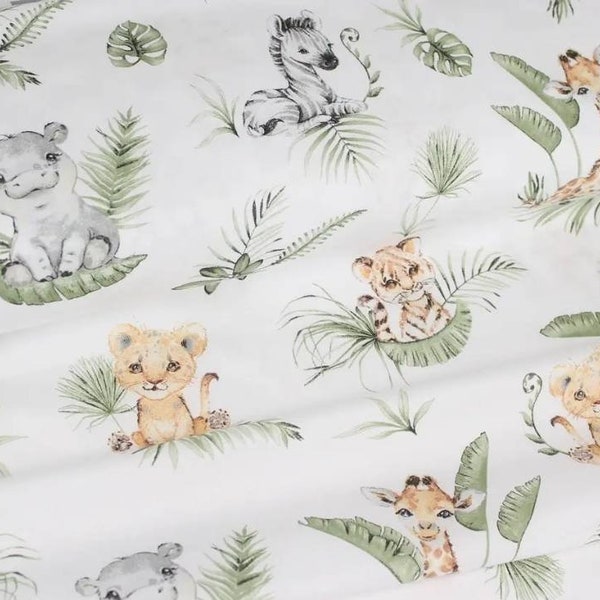 Tissu en coton zèbre éléphant lions hippopotame girafe, animaux d'Afrique, chambre de bébé, tissu safari, tissu par mètre, tissu de la savane, tissu de la jungle