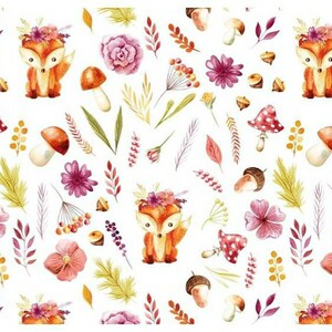 Fox cotton Fabric,foxes in meadow Fabric,flowers fabric,Forest Animals fabric,Baby fabric, forest animals,printed cotton,mushrooms,cone