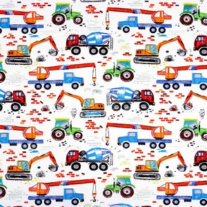 Construction Trucks Fabric, Cotton Fabric By The Yard, Nursery Fabric, boys fabric, trucks fabric, construction vehicles,Diggers and Dump