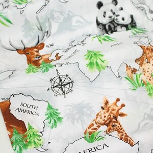 Animal map cotton Fabric,animals world map fabric, lions giraffe panda koala deer bears fabric, Nursery, Safari Fabric, Fabric by the Yard