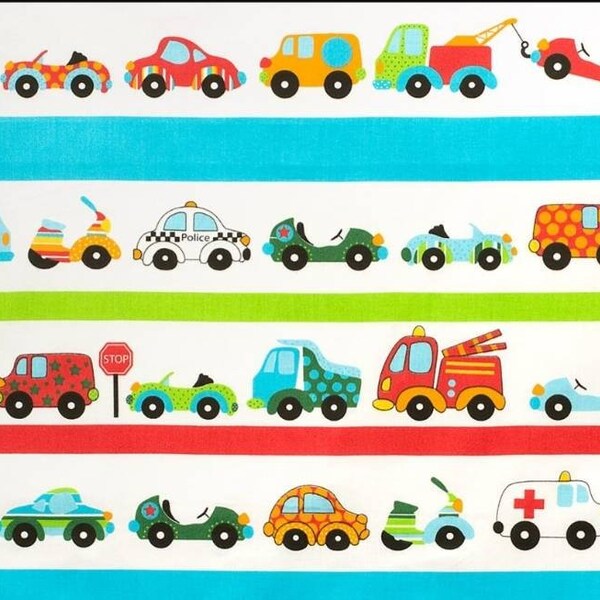 Cars Cotton Fabric By The Yard,Construction Trucks Fabric,multicolored cars,roads,Nursery,baby fabric,trucks,police car fabric,taxi fabric