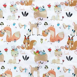Cotton fabric, fabric by the yard, Forest animals,squirrel, deer, roe deer, rabbit,flowers,baby fabric,fabric for girls room decor linens