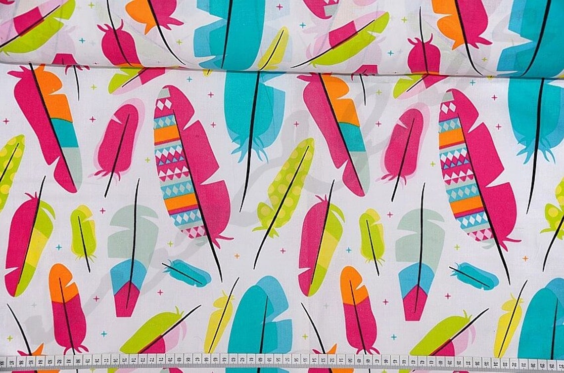 Colorful feathersBoho Feather Cotton FabricFabric by the Etsy