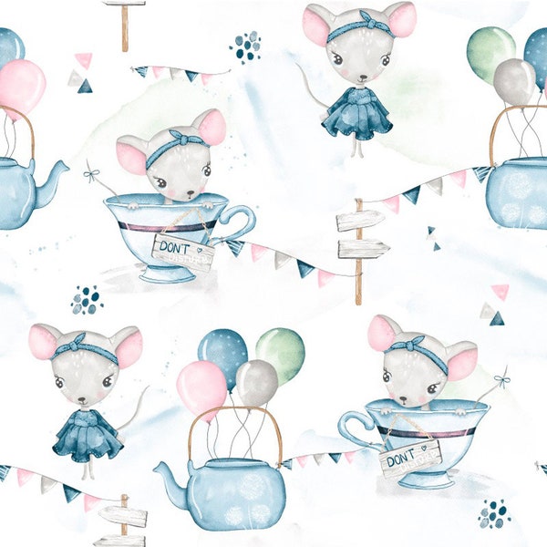 Tea party cotton fabric, Fabric by the Yard,Mice Fabric,teacups, watercolour Fabric, modern,nursery,balloons,cups,Tea Pots, fabric for girls