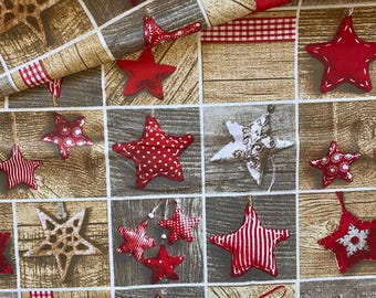 Jultyg bomullstyg, juldekoration, jultryck, trasiga hjärtstjärnor jultyg, juldekorationer, quilttyg, trä