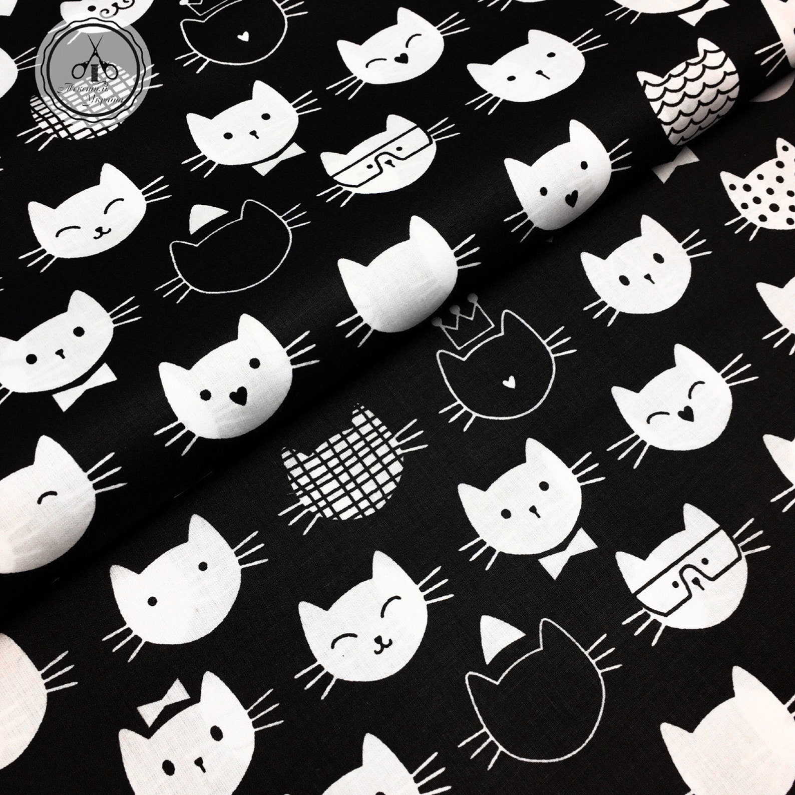 Cat cotton fabriccat print fabric white and black etsy