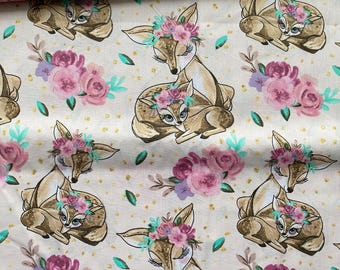 Deer cotton fabric, nursery , baby girl fabric by the yard, cotton fabric, nursery, floral fabric, mommy and baby dear flowers quilting