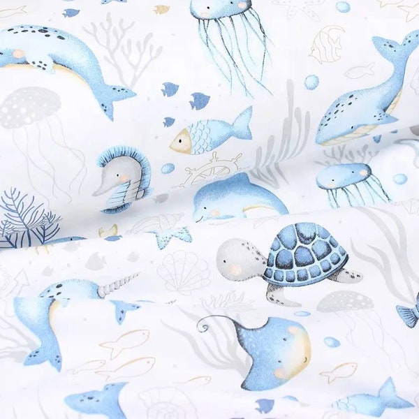 Tissu en coton avec des animaux marins Tissu océan et marins avec des tortues de mer, des méduses, des poissons Culture sous-marine, monde sous-marin, bébé, poulpe