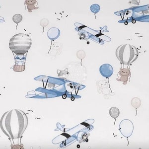 Animals Cotton Fabric, hot air balloon fabric,fabric by The Yard, Nursery decor, sky fabric, Baby boys Fabric, balloons fabric,  airplane