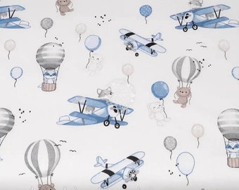 Animals Cotton Fabric, hot air balloon fabric,fabric by The Yard, Nursery decor, sky fabric, Baby boys Fabric, balloons fabric,  airplane