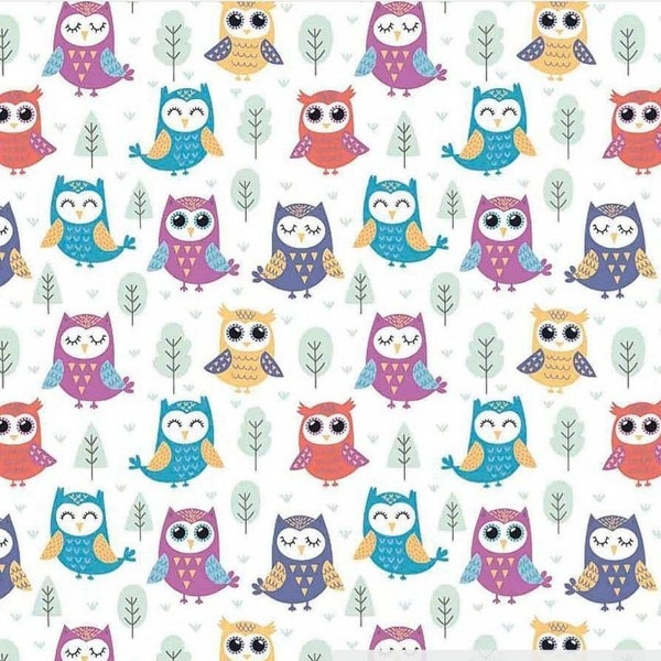 Tissu Owl, Tissu par jardin, Owl Print, Tissu bébé, Tissu coton, Hiboux colorés, Tissu Cartoon, Tissu biologique, Tissu pour enfants, Couette