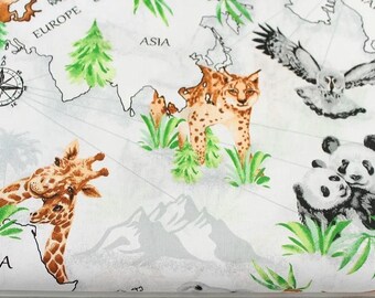 動物地図柄コットン生地、動物世界地図柄生地、ライオン、キリン、パンダ、コアラ、シカ、クマ柄生地、子供部屋、サファリ柄生地、1ヤード単位の生地
