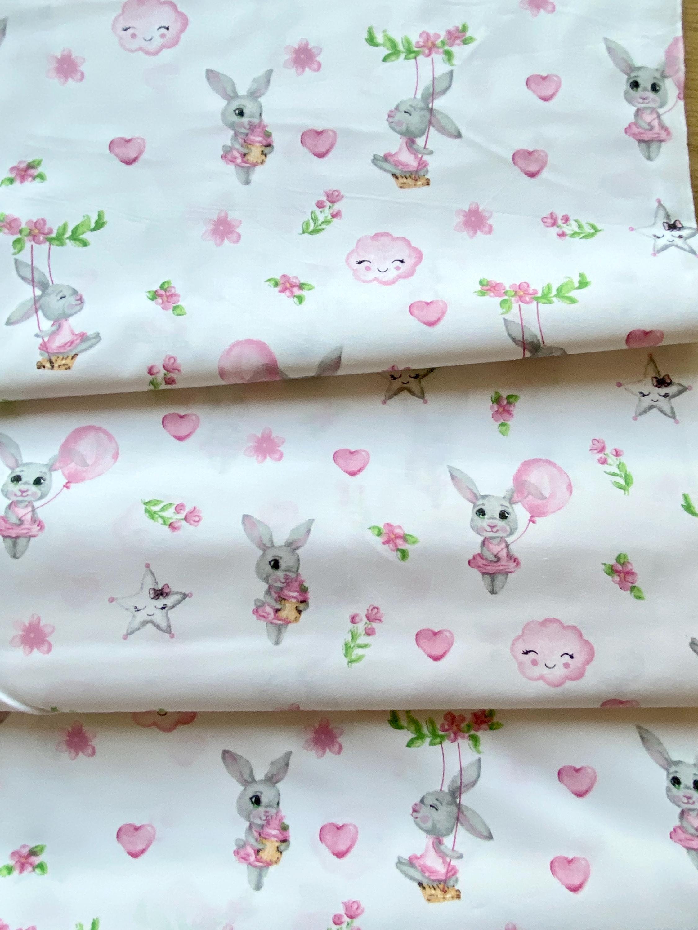 Bunny Cotton Fabric by the Yard, Sweet Rabbits With Flowers Balloons ...