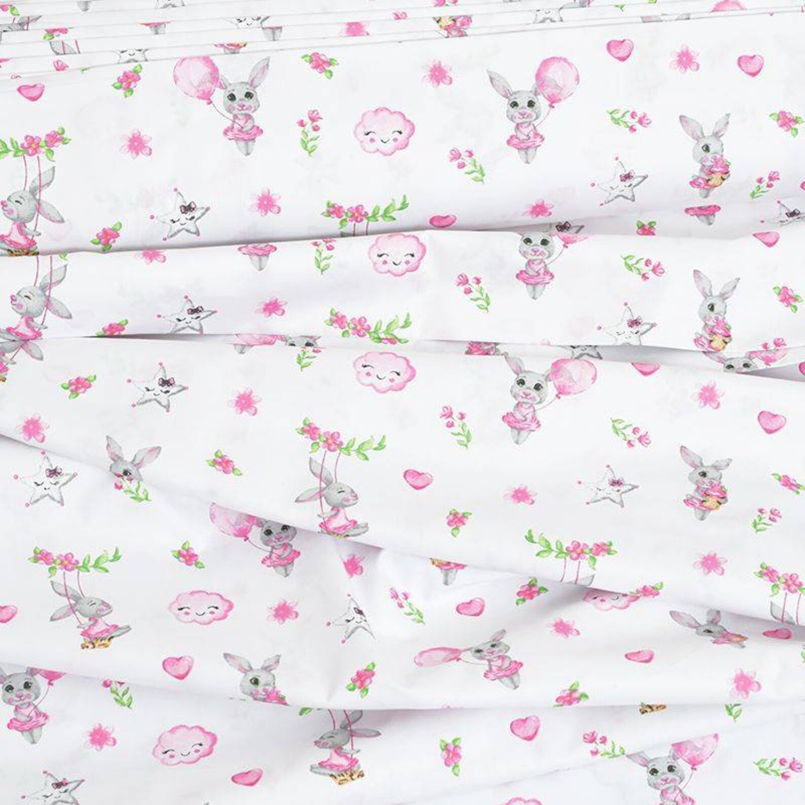 Sweet Bunnies cotton fabric Bunny with flowers and balloons Etsy