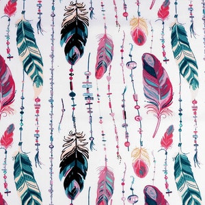 Feathers cotton fabric, beads fabric, boho fabric, indian fabric, Feather Material, Tribal Feathers, Nursery, Quilting, Fabric by the Yard