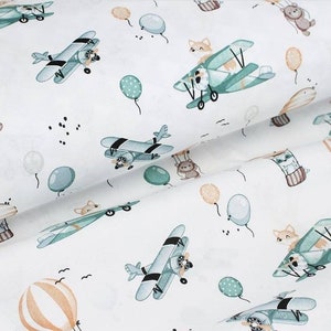Animals Cotton Fabric By The Yard, Nursery decor, sky fabric, Baby boys Fabric, balloons fabric,  airplane fabric, baby quilt, hot air, mint