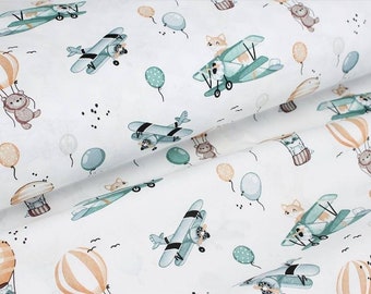 Animals Cotton Fabric By The Yard, Nursery decor, sky , boys , balloons ,  airplane fabric, baby quilt, hot air, mint