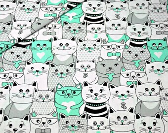 Tissu en coton chat par mètre, tissu imprimé chat, tissu pour bébés, tissu miaou, tissu rose, tissu menthe, courtepointe, tissu pour chambre de bébé, tissu pour enfants, lit de bébé