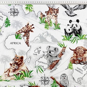 Tier Karte Baumwolle Stoff, Stoff mit Landkarte, Löwen Giraffe Panda Koala Reh, Bärenstoff, Safaristoff, Meterware