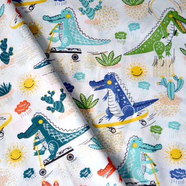 Alligator Fabric,Crocodile Fabric,Kids Cotton Fabric Print by the Yard,Organic Fabric,Tropical Fabric, Nursery Fabric, Baby boy Fabric,Sport