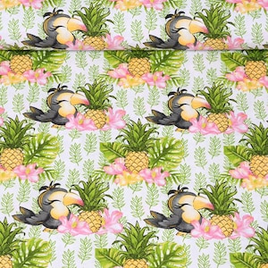 Tropical Fabric, Toucans fabric, Cotton Fabric, Pineapple Fabric, Fabric By The Yard, leaf Fabric, Quilting, Fruit, palm, parrot