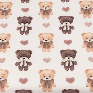 Bear cotton Fabric, Bear Fabric by the Yard,Baby Boy girl  Fabric,Organic Fabric,Nursery Fabric,baby quilt fabric, brown beige bears, heart