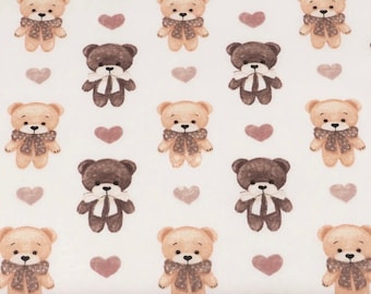 Bear cotton Fabric, Bear Fabric by the Yard,Baby Boy girl  Fabric,Organic Fabric,Nursery Fabric,baby quilt fabric, brown beige bears, heart