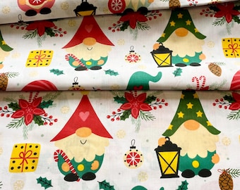 Tela de algodón con gnomos, tela de gnomos navideños, adorno navideño, tela de invierno, tela de algodón con gnomos