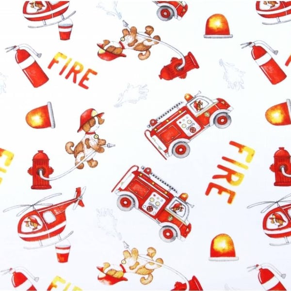 Tissu camions de pompiers par mètre, tissu en coton, impression camions de pompiers, tissu pour pompiers, tissu pour chiens, tissu pour garçons, tissu pour chambre de bébé, tissu pour bébé, salle de jeux