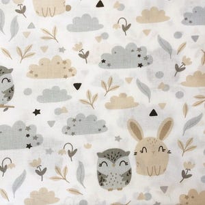 Owl and bunny cotton Fabric, beige and gray fabric,Owl Fabric,Bunny Fabric,Forest Animals fabric,Fabric by the yard,Baby quilt Cotton Fabric