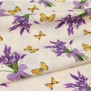 Tela de lavanda, tela de algodón con flores cortadas a medida, tela provenzal, tela con ramos de lavanda, tela floral, tela para bebé, tela de algodón con estampado de flores