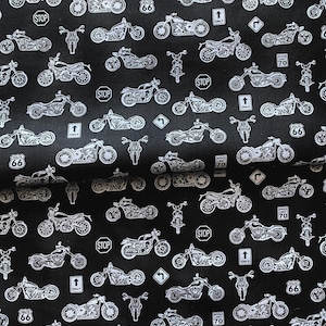 Fietsen zwart-witte katoenen stof, motorfietsstof, vintage motorfiets, jongensstof, katoenen stof op maat geknipt, fat quarter, pennetje
