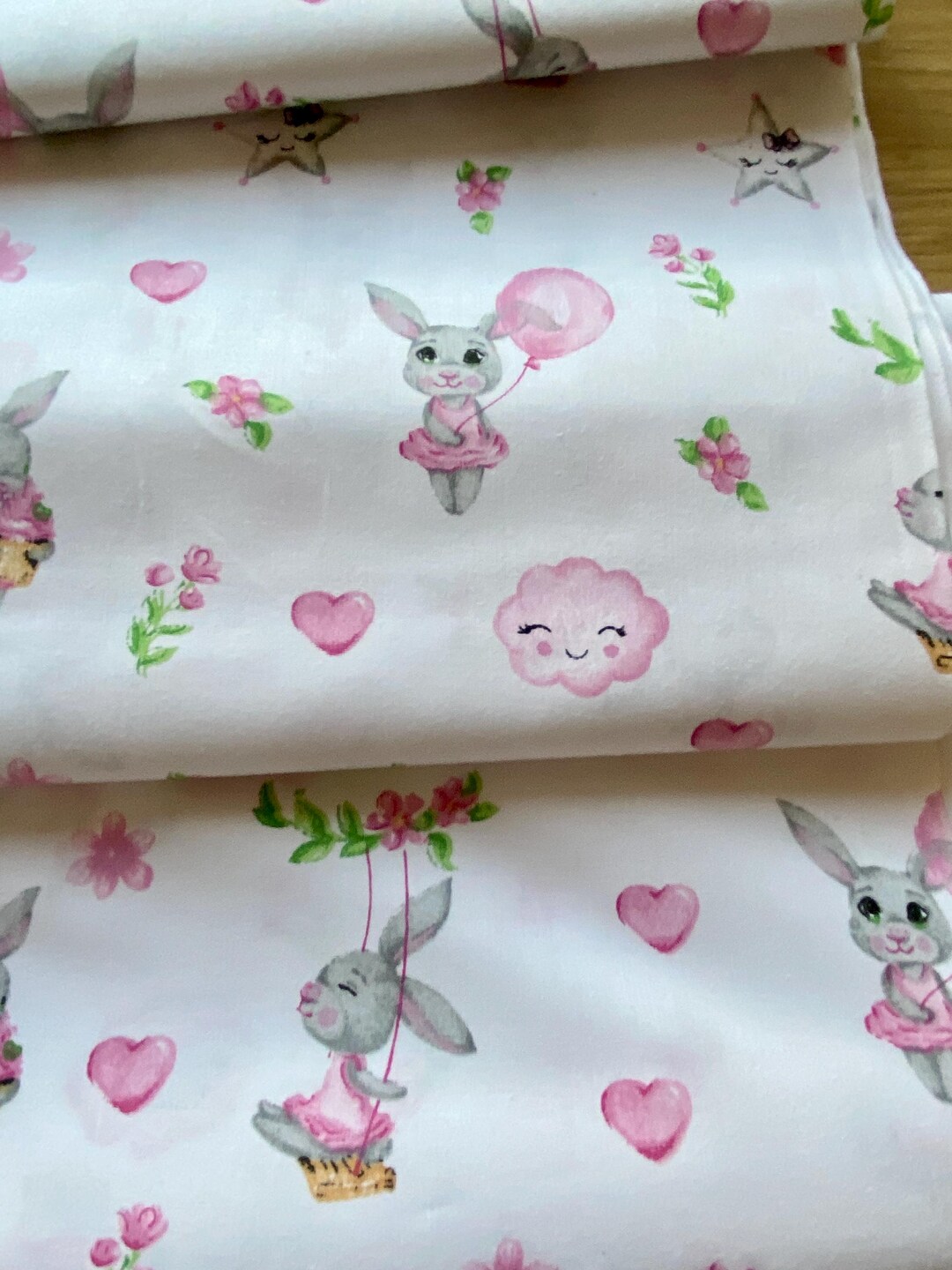 Bunny Cotton Fabric by the Yard, Sweet Rabbits With Flowers Balloons ...