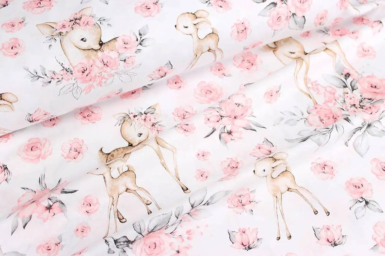 Deer fabric,flowers fabric,roe forest fabric,nursery fabric,girls fabric,fabric by the yard,cotton fabric,forest fabric,floral fabric image 3