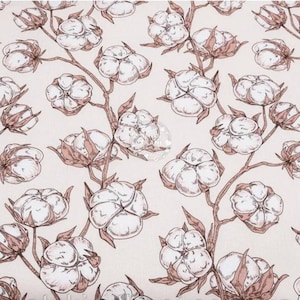 Cotton Branch Fabric By The Yard, cotton blossom fabric,cotton plants Fabric,flowers Fabric, Printed Cotton,Cotton Stem, Cotton Balls, denim