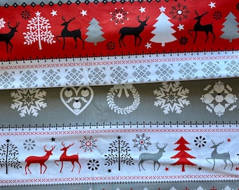 May include: A festive fabric with a repeating pattern of red, white, and gray. The design includes reindeer, Christmas trees, snowflakes, and geometric shapes. The fabric is suitable for holiday-themed crafts and decorations.
