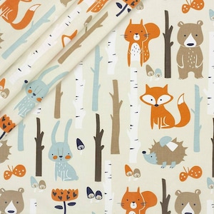 Fabric by the Yard,cotton animals fabric,Bear fabric,Fox fabric,bunny Fabric,forest fabric,hedgehog,Baby Fabric,Nursery,childrens fabric
