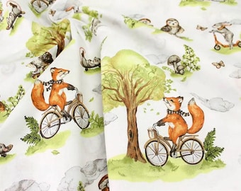 Cute Fox Riding Bike in Forest Cotton Fabric Baby Nursery Quilt Story Organic Fabric by Yard