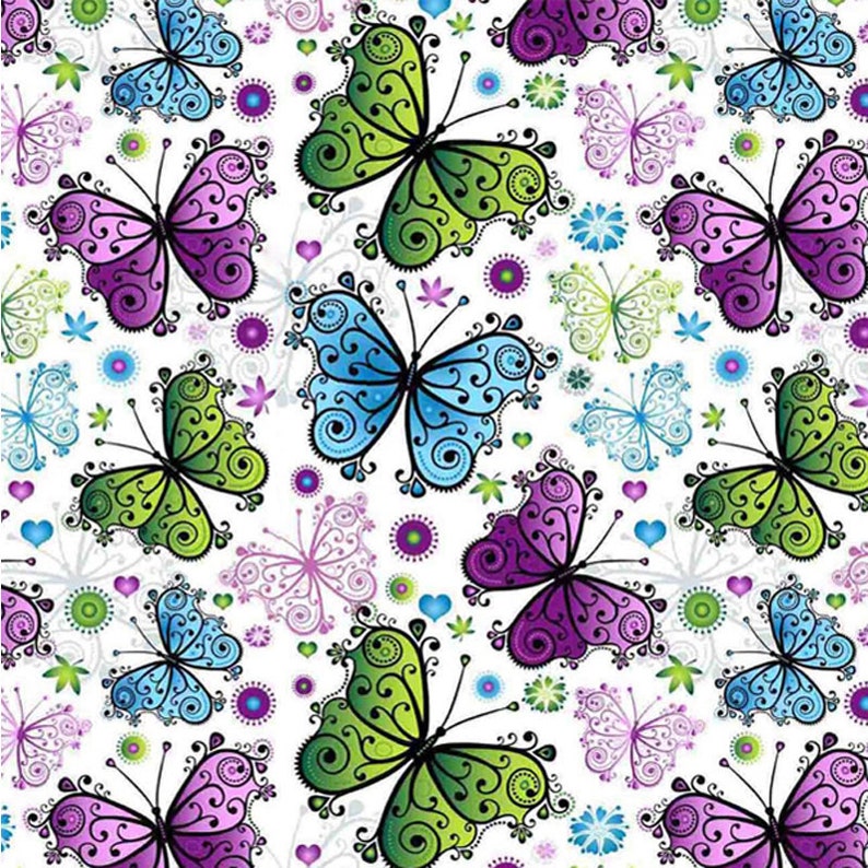 Tissu papillon,Tissu en coton,Tissu par mètre,Tissu papillons,Tissu carnaval,Tissu bleu azur,Tissu papillon multicolore,Matelassage image 1